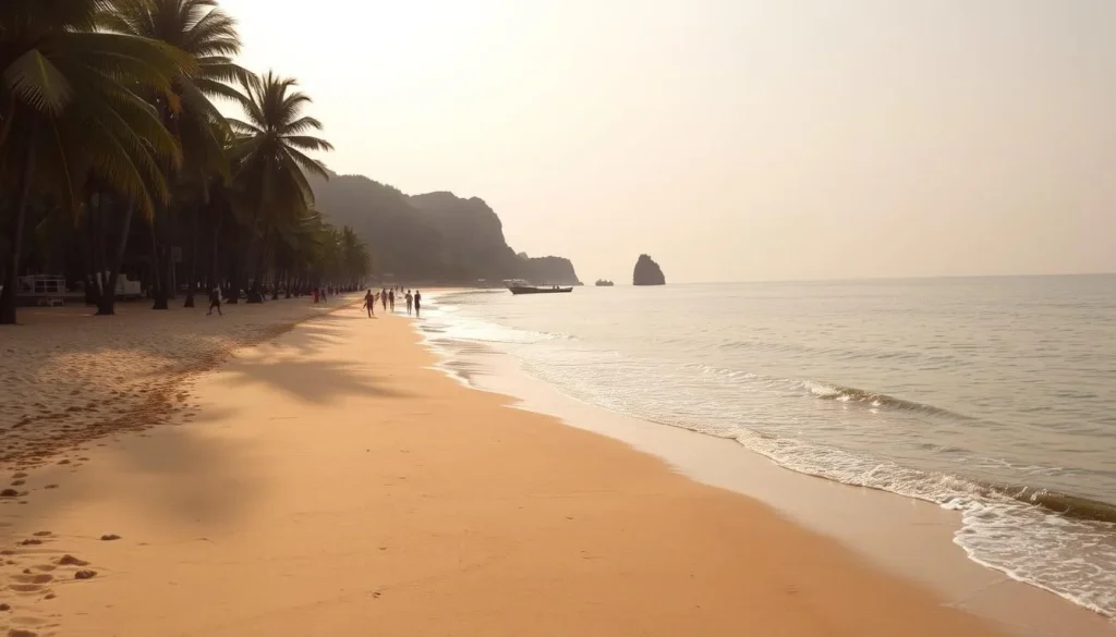 A picturesque coastline with inviting sandy beaches, gently lapping waves, and a warm golden sun casting a serene glow over the scene. Tall, swaying palm trees line the shore, creating a tranquil, tropical ambiance. In the distance, rocky cliffs jut out into the calm, azure waters, their rugged forms contrasting with the smooth, undulating shoreline. Beachgoers stroll along the water's edge, their silhouettes captured in the soft, diffused lighting. A sense of calm and relaxation pervades the entire composition, transporting the viewer to a serene, coastal escape near the vibrant city of Bhavnagar.