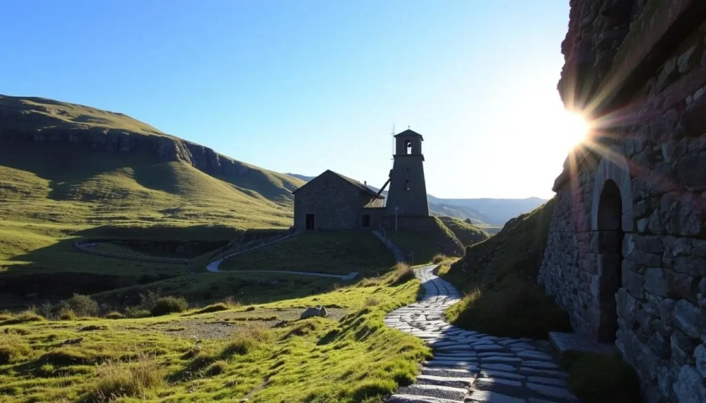A picturesque cobalt mine nestled in the rugged Norwegian landscape. Blaafarveværket, a former 19th-century industrial site, stands majestic against a backdrop of verdant hills and a clear azure sky. Sunlight filters through the mine's entrance, casting a warm glow over the weathered stone structures. In the foreground, a winding path leads visitors through the captivating grounds, inviting exploration of this historic site. The scene exudes a sense of tranquility and timelessness, perfect for a day trip from the nearby city of Drammen.