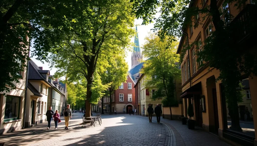 A picturesque cobblestone street winding through the heart of historic Lund, Sweden. Sunlight filters through the lush canopy of trees, casting a warm glow on the charming buildings lining the street. Pedestrians stroll leisurely, taking in the quaint atmosphere and architectural details. In the distance, the spire of a medieval cathedral rises, a testament to the city's storied past. The scene exudes a sense of timeless tranquility, inviting the viewer to imagine themselves wandering these enchanting streets.