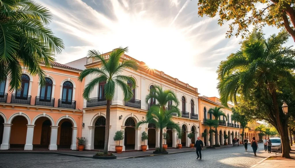 A picturesque colonial-era town square in French Guiana, with pastel-colored, two-story buildings featuring arched doorways, ornate balconies, and intricate wrought-iron detailing. Lush palm trees and tropical foliage frame the scene, casting dappled shadows on the cobblestone streets. Warm, golden sunlight filters through wispy clouds, illuminating the historic architecture and creating a charming, timeless atmosphere. Pedestrians leisurely stroll by, capturing the tranquil, laid-back vibe of this enchanting colonial enclave.