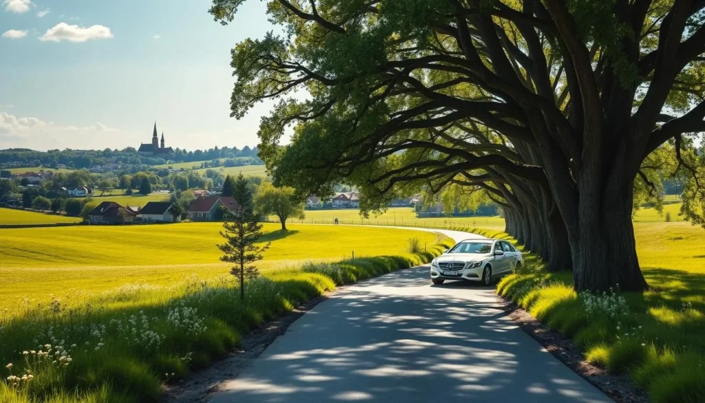 A picturesque country road winds through the lush, rolling hills of Ystad, Sweden. The asphalt stretches out ahead, flanked by vibrant green meadows dotted with wildflowers. Towering, ancient oak trees cast dappled shadows across the path, creating a serene, dappled lighting effect. In the distance, the iconic red-roofed houses and spires of Ystad's historic town center come into view, hinting at the charming destinations that await. The scene exudes a sense of tranquility and rural idyll, perfectly capturing the essence of a Ystad road trip.