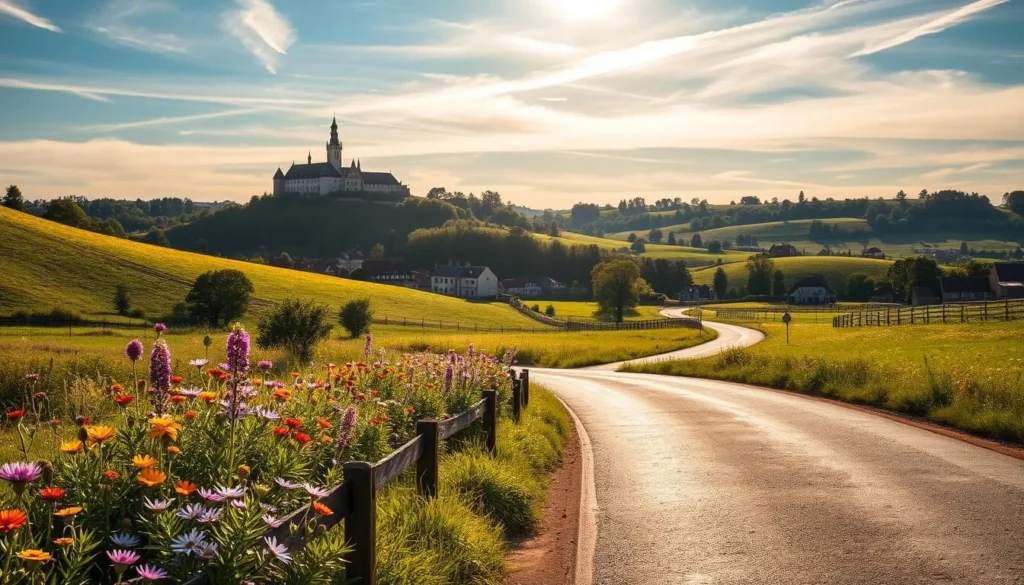A picturesque countryside landscape in the Pardubice region of Czechia. A winding country road leads through lush, rolling hills dotted with quaint, historic villages. In the distance, a medieval castle sits atop a hilltop, its towers and spires silhouetted against a clear, azure sky. Clusters of vibrant wildflowers line the roadside, swaying gently in a soft, warm breeze. Sunlight filters through wispy clouds, casting a soft, golden glow over the pastoral scene. A tranquil, bucolic atmosphere invites the viewer to embark on an idyllic day trip from the nearby city of Pardubice.