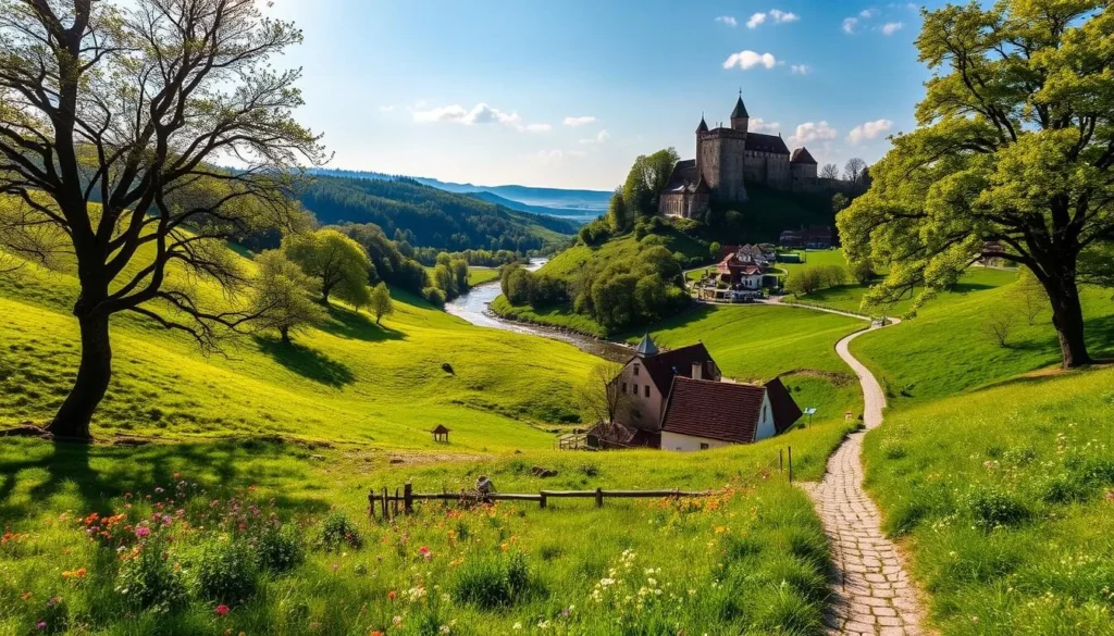 A picturesque countryside landscape of the Central Bohemia Region, Czechia. Rolling hills blanketed in lush green meadows, dotted with clusters of vibrant wildflowers. In the distance, a medieval castle perches atop a rocky outcrop, its towers and turrets silhouetted against a bright, azure sky. A winding river flows through the valley, its banks lined with ancient oak trees. Sunlight filters through the branches, casting a warm, golden glow over the scene. In the foreground, a small, cobblestone path leads through a quaint village, its charming, red-roofed buildings nestled among the rolling hills. An atmosphere of tranquility and timeless beauty pervades the heart of Czechia.