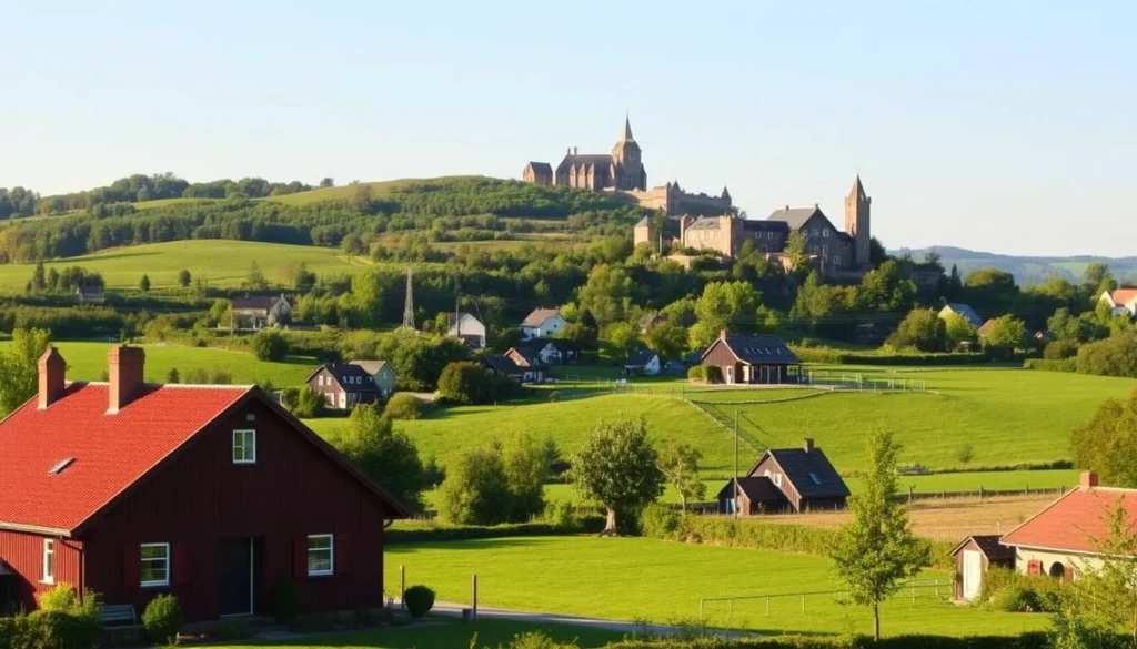 A picturesque countryside landscape showcasing the diverse accommodation options in Västra Götaland, Sweden. In the foreground, a charming farmhouse with a red-tiled roof and a well-manicured garden. In the middle ground, a cluster of quaint cottages nestled among rolling hills and lush greenery. In the background, the silhouette of a medieval castle perched atop a hill, bathed in the warm glow of the afternoon sun. The scene exudes a sense of tranquility and rustic charm, inviting the viewer to imagine the peaceful experiences that await in this beautiful region.