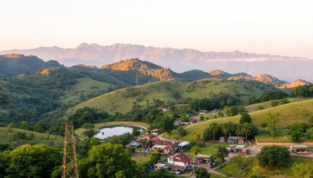 A picturesque countryside landscape showcasing the scenic day trips from Belgaum, Karnataka. In the foreground, rolling hills dotted with lush green forests and tranquil lakes. In the middle ground, quaint villages with traditional homes and bustling markets. The background features the majestic Western Ghats mountain range, bathed in warm, golden sunlight. The scene is captured with a wide-angle lens to emphasize the expansive and serene environment. The overall mood is one of tranquility and exploration, inviting the viewer to discover the hidden gems surrounding the city of Belgaum.