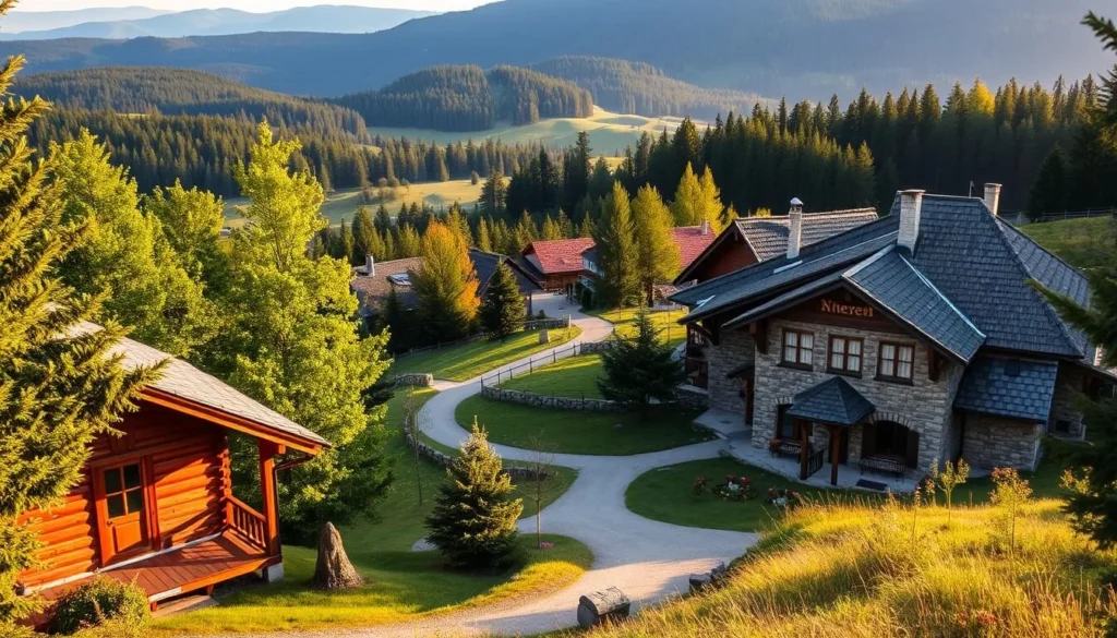 A picturesque countryside scene showcasing the charming accommodations of the Sumava Mountains in Czechia. In the foreground, a cozy cabin nestled among lush green trees, its wooden exterior complemented by a quaint porch and rustic details. In the middle ground, a winding path leads visitors towards a traditional inn, its stone walls and pitched roof exuding a warm, inviting atmosphere. In the background, rolling hills and dense forests stretch out, creating a serene and tranquil landscape bathed in soft, natural lighting. The overall scene evokes a sense of peaceful escape and rustic charm, perfectly capturing the essence of the Sumava region's best places to stay.