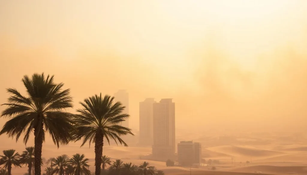 A picturesque day in Doha, Qatar, with a dramatic sandstorm sweeping across the desert landscape. In the foreground, palm trees sway gently as the warm, golden sunlight filters through the hazy, ochre-colored sky. In the middle ground, modern high-rise buildings stand tall, their sleek facades reflecting the shifting patterns of light and dust. Stretching out towards the horizon, the vast expanse of the desert dunes is shrouded in a billowing, swirling veil of sand, creating an otherworldly, awe-inspiring scene. The atmosphere is one of tranquility and power, where the forces of nature and modern civilization coexist in a delicate balance.