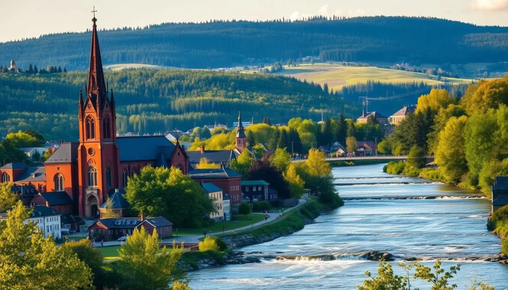 A picturesque day in Tampere, Finland. In the foreground, the iconic Tampere Cathedral stands tall, its red brick facade gleaming in the soft sunlight. The middle ground features the serene Tammerkoski rapids, their rushing waters flanked by charming old mills and buildings. In the background, the rolling hills and lush greenery of the Pyynikki Ridge create a stunning natural backdrop. The scene is bathed in a warm, golden glow, capturing the vibrant atmosphere of this charming Finnish city. The composition is balanced, with the architectural and natural elements seamlessly integrated. The overall mood is one of tranquility and beauty, inviting the viewer to explore the best that Tampere has to offer.