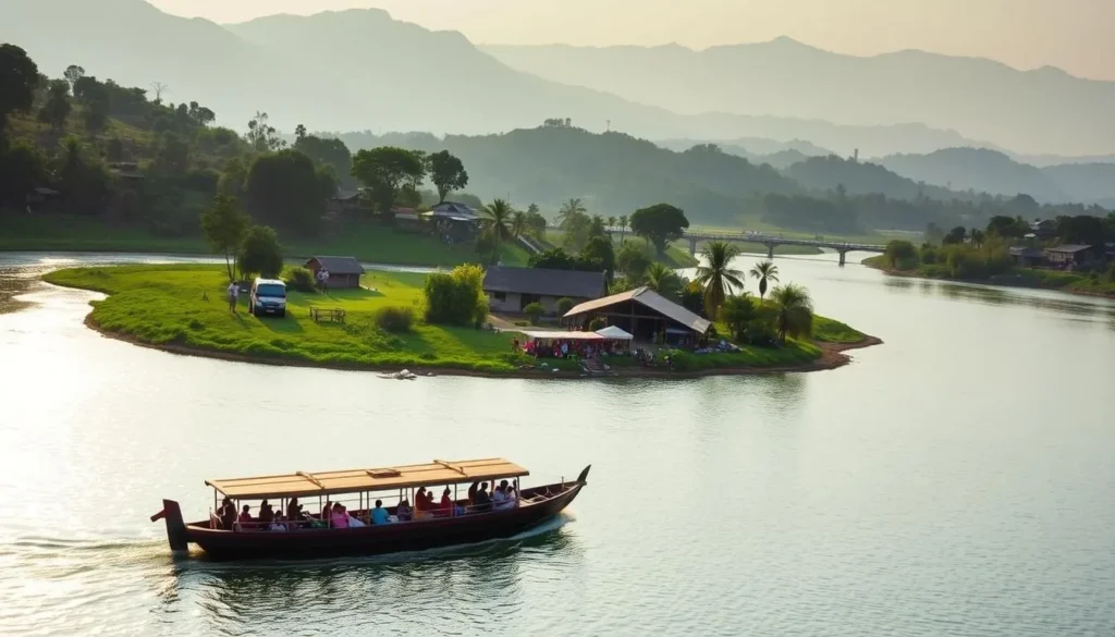 A picturesque day trip from Howrah, showcasing the region's natural splendor. A serene river winding through verdant landscapes, flanked by lush foliage and charming riverside villages. In the foreground, a quaint boat ferrying passengers across the calm waters, with the sun's rays glistening on the surface. The middle ground features quaint structures and bustling market stalls, capturing the vibrant local culture. In the background, rolling hills and distant mountains create a breathtaking vista, bathed in soft, warm lighting. The overall scene exudes a tranquil, relaxing atmosphere, inviting the viewer to immerse themselves in the day trip experience.