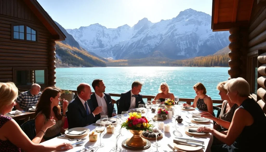 A picturesque dining scene at Maligne Lake, surrounded by the majestic Canadian Rockies. In the foreground, a group of well-dressed guests enjoying a gourmet meal on a beautifully set table, with delicate china, sparkling glassware, and fresh flowers. The middle ground features the rustic log cabin-style Maligne Lake Chalet, its wooden exterior complementing the natural landscape. In the background, the serene, turquoise-hued waters of Maligne Lake are framed by towering, snow-capped peaks, bathed in warm, golden sunlight. A cozy, inviting atmosphere pervades the scene, with the sun's rays creating a soft, diffused lighting that enhances the picturesque setting.