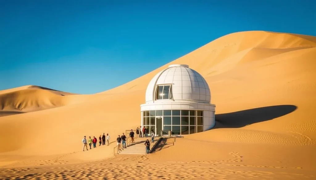 A picturesque domed observatory nestled amidst the striking Bruneau Dunes in southern Idaho. The building's sleek, modern architecture stands in contrast to the undulating sand hills that stretch out behind it. Sunlight bathes the scene, casting long shadows and highlighting the intricate textures of the dunes. Visitors can be seen milling about the observatory's entrance, eager to explore the wonders of the night sky. The serene, educational atmosphere invites contemplation of the cosmos above the tranquil desert landscape.