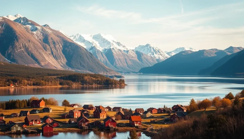 A picturesque fjord landscape in Vesteralen, Norway's hidden Arctic gem. In the foreground, a quaint fishing village nestled along the shore, with colorful wooden cabins and traditional red-roofed houses. Towering mountains rise in the middle ground, their snow-capped peaks reflected in the calm, glassy waters. In the background, a vast, untamed wilderness of forests and rugged terrain, bathed in the soft, golden light of a clear summer day. The scene exudes a sense of serene, unspoiled natural beauty, inviting the viewer to explore this enchanting, little-known corner of Norway.