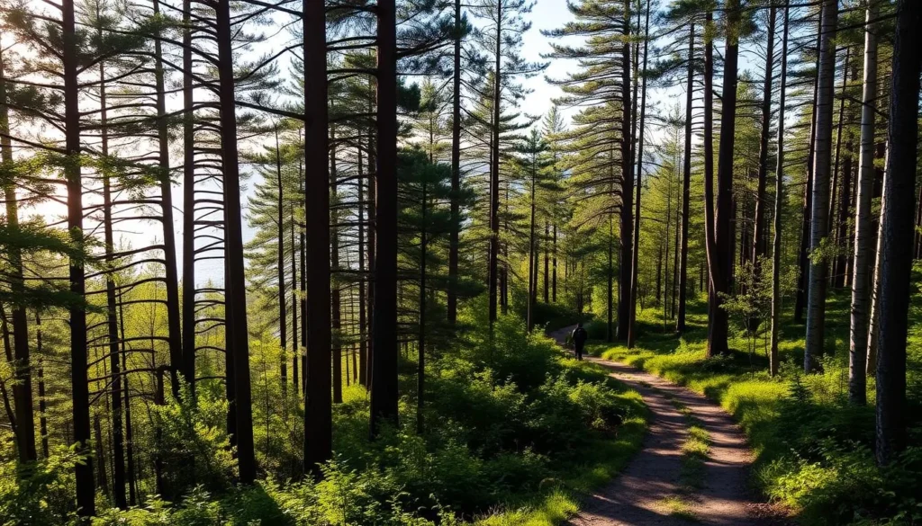 A picturesque forest trail winds through lush, verdant foliage along the scenic Kalmarsundsleden in Kalmar County, Sweden. Sunlight filters through the canopy, casting a warm, natural glow on the winding path. Towering pines and birch trees line the trail, their branches swaying gently in a light breeze. In the distance, glimpses of the sparkling Kalmar Sound can be seen through the trees, hinting at the coastal beauty beyond. Hikers traverse the tranquil trail, taking in the serene, rejuvenating atmosphere of this nature-rich region.