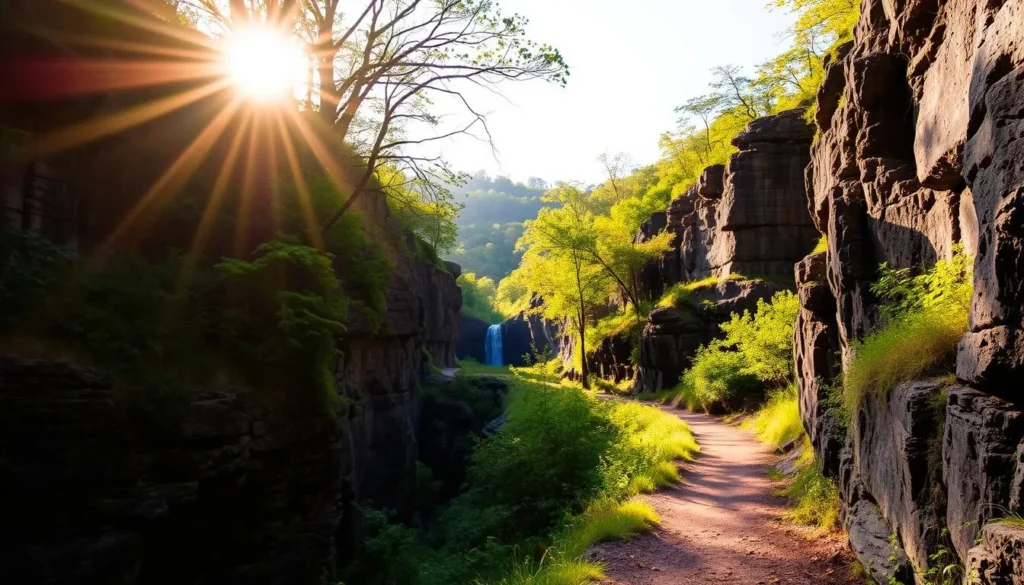 A picturesque gorge trail winding through the lush, verdant landscape of Letchworth State Park. Sunlight filters through the canopy of towering trees, casting a warm, golden glow across the meandering path. Rugged rock formations rise up on either side, their craggy surfaces weathered by time. The trail leads onward, inviting the hiker to explore the serene natural beauty of this hidden gem. In the distance, the faint sound of a cascading waterfall can be heard, beckoning the viewer to venture deeper into this enchanting wilderness.