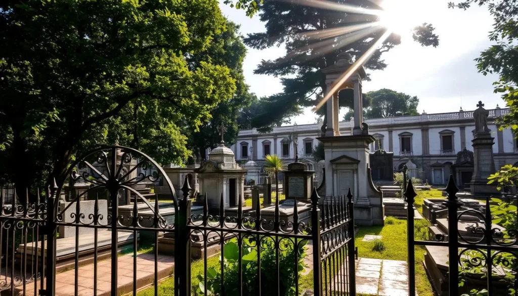 A picturesque graveyard nestled in the heart of historic Mompox, Colombia. Sunlight filters through the lush foliage, casting a warm glow over the weathered tombstones and ornate mausoleums. In the foreground, intricate wrought-iron fences and arched entryways frame the scene, while in the distance, the muted tones of the colonial-era buildings provide a serene backdrop. The atmosphere is one of quiet contemplation, with a sense of timelessness and reverence for the past. Capture the unique cultural heritage of this UNESCO World Heritage site, showcasing the beauty and tranquility of the Mompox Cemetery.