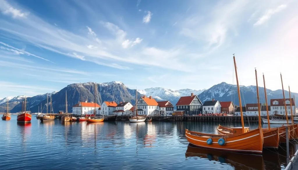 A picturesque harbor nestled along the Norwegian fjords, Risør's Maritime Heritage reflects its vibrant seafaring past. In the foreground, traditional wooden boats sway gently in the calm waters, their vibrant colors mirrored in the tranquil surface. The middle ground features quaint, whitewashed buildings with red roofs, their charming architecture a testament to the town's history. Towering mountains rise in the background, their snow-capped peaks adding to the serene, idyllic atmosphere. Soft, warm sunlight filters through wispy clouds, casting a golden glow over the scene. The overall mood is one of peaceful nostalgia, capturing the essence of Risør's enduring maritime legacy.