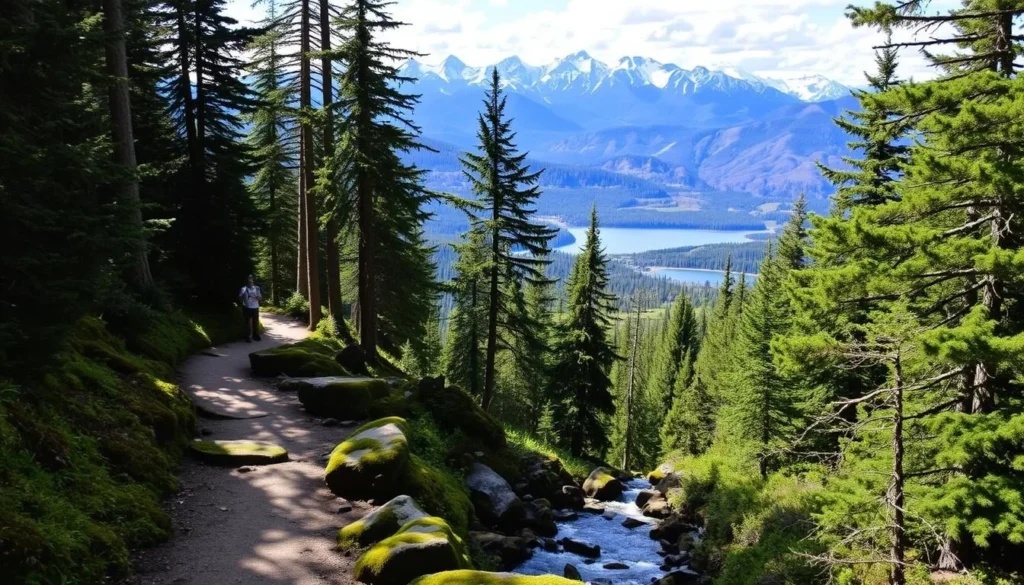 A picturesque hiking trail winds through a lush, verdant forest, with sunlight filtering through the canopy of towering evergreen trees. In the foreground, a well-maintained path leads hikers past mossy boulders and a babbling brook, inviting them to explore the serene natural surroundings. The middle ground reveals a scenic overlook, offering breathtaking views of the crystal-clear waters of Lake Annette, nestled amidst rolling hills and snow-capped peaks. The background is a panoramic landscape of rugged, awe-inspiring mountains, their slopes blanketed in a pristine white mantle. The overall scene exudes a sense of tranquility, adventure, and the natural beauty that defines the hiking trails around Lake Annette.