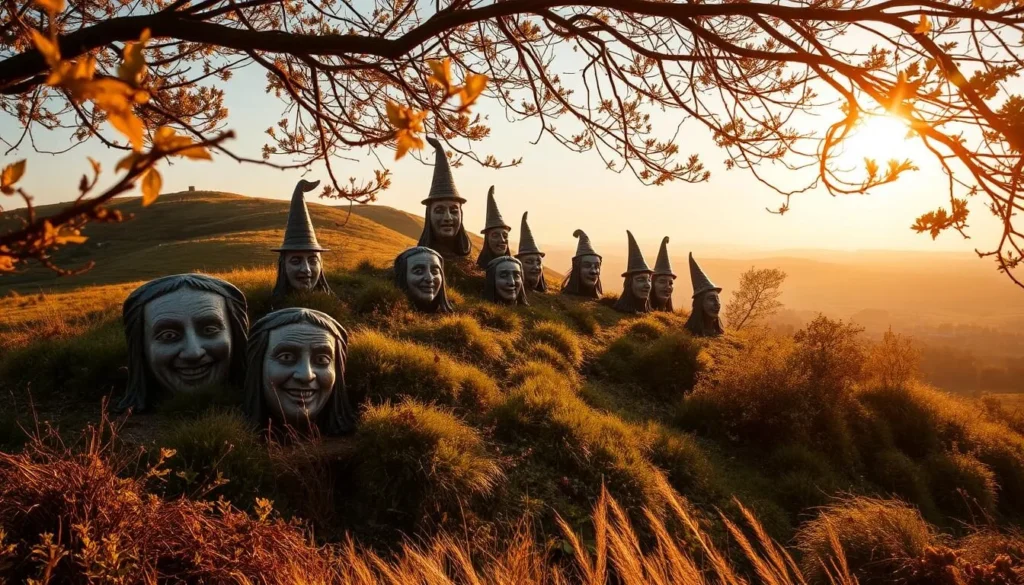 A picturesque hill adorned with whimsical sculptures of hill witches, their faces carved with intricate details, as if frozen in a moment of mischievous delight. The figures are arranged in a natural setting, blending seamlessly with the rolling hills and lush vegetation of the Curonian Spit. Warm, golden sunlight filters through the branches, casting soft shadows and creating a sense of tranquility. The scene invites exploration, hinting at the rich folklore and cultural heritage of this enchanting Lithuanian landscape.