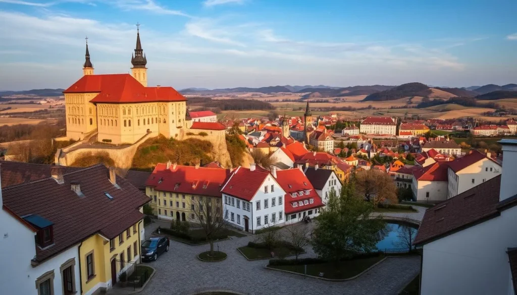 A picturesque hilltop town nestled in the rolling hills of Moravia, Mikulov offers a captivating blend of historical architecture and natural beauty. Capture the iconic red-roofed Mikulov Castle perched atop a limestone outcrop, its towering spires and ornate Renaissance façade basking in the warm glow of the afternoon sun. In the foreground, winding cobblestone streets lead past quaint baroque buildings, their pastel-hued facades reflecting in the shimmering waters of the nearby pond. In the middle distance, the historic Jewish Quarter and the striking modernist Dietrichstein Palace come into view, complementing the scenic town's harmonious blend of eras and styles. Framed by rolling vineyards and the majestic Pálava Hills in the background, this picturesque scene embodies Mikulov's enduring cultural heritage and natural splendor.