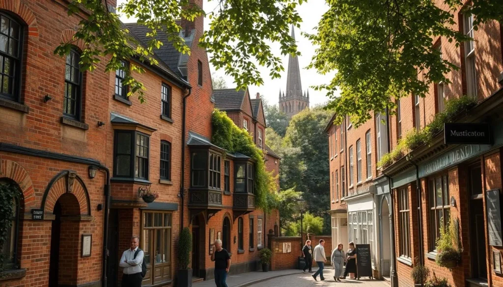 A picturesque historic district in the London Borough of Enfield, with quaint brick buildings, cobblestone streets, and lush greenery. Capture the timeless charm of this quintessential English town, with sunlight filtering through the trees and casting a warm glow on the weathered facades. Showcase the architectural details of the historic structures, their intricate facades and ornate windows. In the foreground, depict people strolling leisurely, immersed in the tranquil atmosphere. In the background, suggest the presence of a nearby church spire or town square, hinting at the rich history and cultural heritage of this enchanting location. A picturesque historic district in the London Borough of Enfield, with quaint brick buildings, cobblestone streets, and lush greenery. Capture the timeless charm of this quintessential English town, with sunlight filtering through the trees and casting a warm glow on the weathered facades. Showcase the architectural details of the historic structures, their intricate facades and ornate windows. In the foreground, depict people strolling leisurely, immersed in the tranquil atmosphere. In the background, suggest the presence of a nearby church spire or town square, hinting at the rich history and cultural heritage of this enchanting location.
