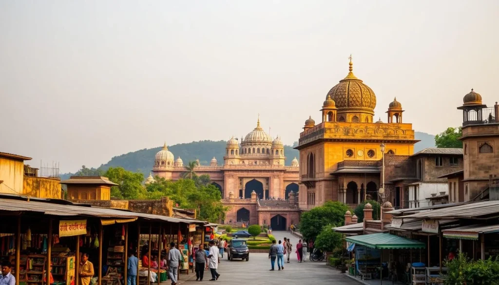 A picturesque historical city nestled along the banks of the Ramganga River, Rampur's ancient architecture stands tall, exuding a timeless elegance. Capture the intricate details of the iconic Raza Library, its ornate domes and grand archways bathed in warm, golden sunlight. In the foreground, a vibrant marketplace bustles with local artisans and vendors, showcasing the city's rich cultural heritage. The middle ground reveals the majestic Rampur Palace, its regal facade gleaming against a backdrop of lush, verdant gardens. Weave together this harmonious scene, conveying a sense of tranquility and historical significance that embodies the essence of Rampur's captivating past.