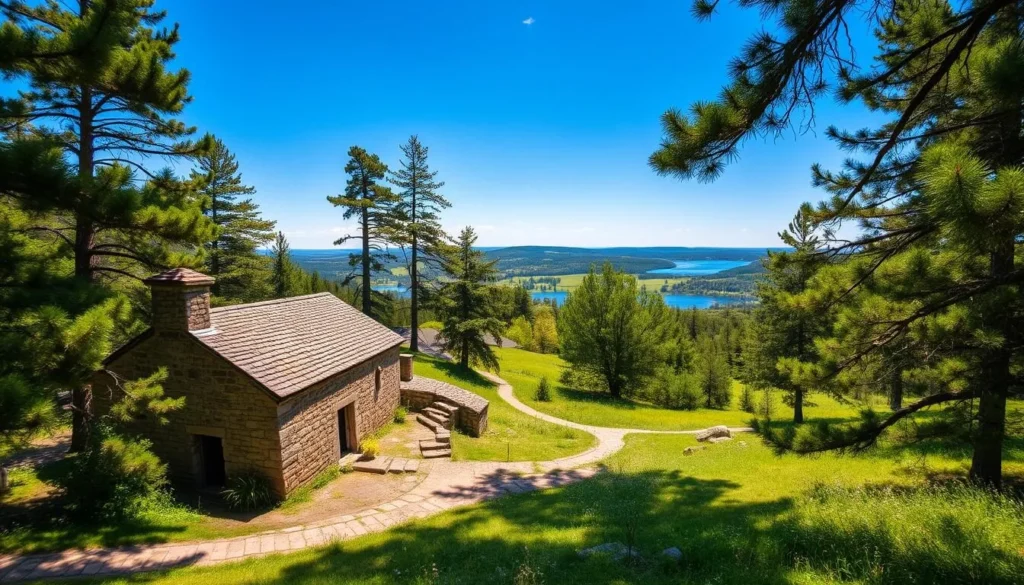 A picturesque historical site nestled within the lush greenery of Tyresta National Park, Sweden. Capture the tranquil ambiance of this timeless locale, where sunlight filters through the towering pine trees, casting a warm, golden glow upon the weathered stone structures. In the foreground, a well-preserved stone building stands proudly, its rustic charm complemented by the surrounding flora. In the middle ground, a winding path leads visitors through the serene landscape, inviting exploration. The background showcases the park's verdant expanse, with rolling hills and a distant lake shimmering under the clear, azure sky. Employ a wide, cinematic lens to fully immerse the viewer in this historical gem nestled within the pristine Swedish wilderness. A picturesque historical site nestled within the lush greenery of Tyresta National Park, Sweden. Capture the tranquil ambiance of this timeless locale, where sunlight filters through the towering pine trees, casting a warm, golden glow upon the weathered stone structures. In the foreground, a well-preserved stone building stands proudly, its rustic charm complemented by the surrounding flora. In the middle ground, a winding path leads visitors through the serene landscape, inviting exploration. The background showcases the park's verdant expanse, with rolling hills and a distant lake shimmering under the clear, azure sky. Employ a wide, cinematic lens to fully immerse the viewer in this historical gem nestled within the pristine Swedish wilderness.