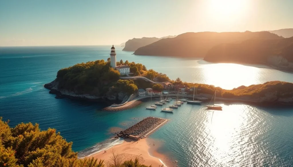 A picturesque island nestled in the azure waters, with a majestic lighthouse standing tall against the horizon. The sun's golden rays cast a warm glow, illuminating the lush greenery that adorns the coastline. In the foreground, a sandy beach invites visitors to bask in the tranquility, while the middle ground features a quaint harbor where fishing boats sway gently. The background showcases dramatic cliffs and rolling hills, creating a breathtaking panoramic view. Capture this serene scene through a wide-angle lens, framing the lighthouse as the focal point and accentuating the island's natural beauty.