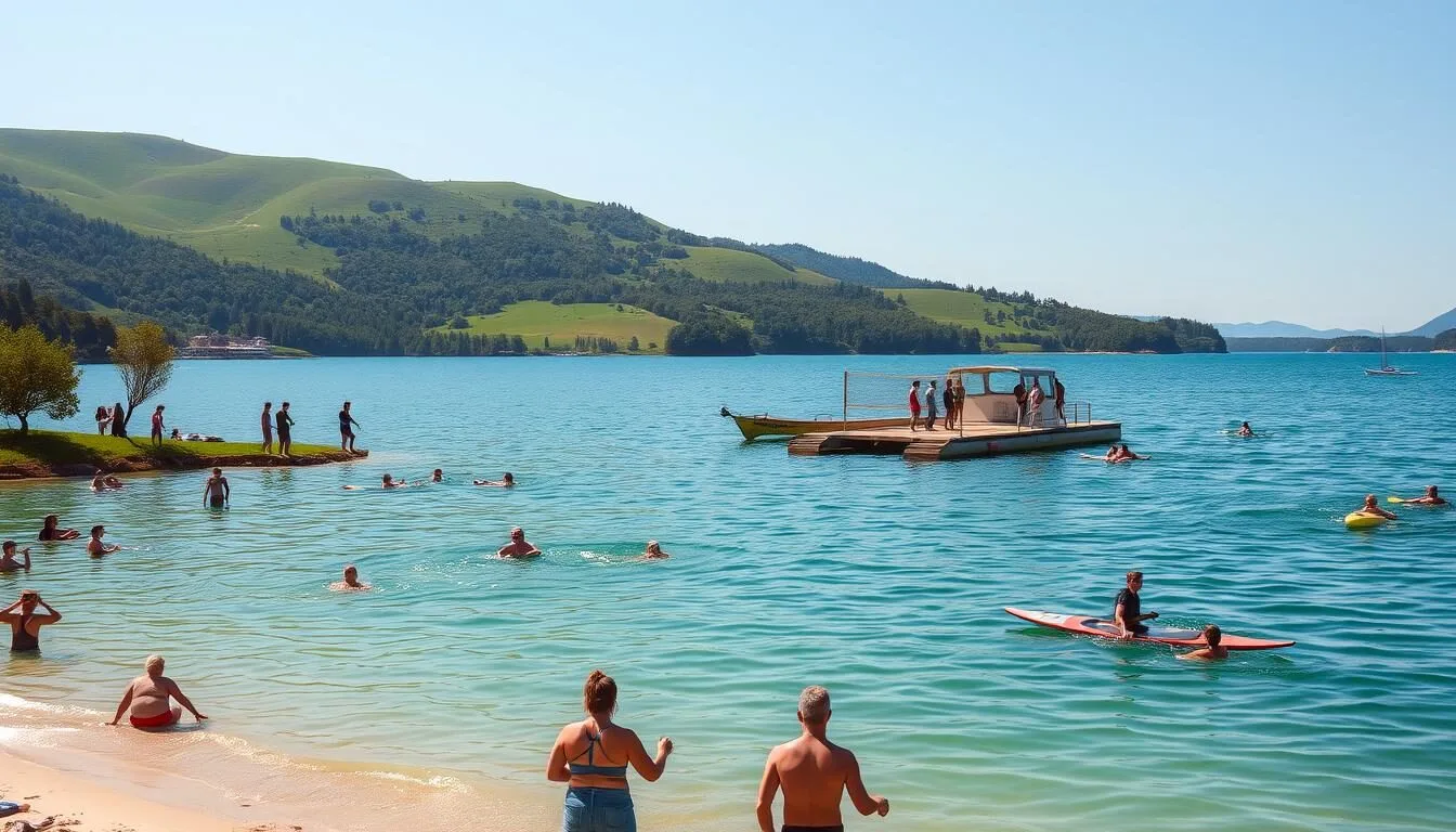 A picturesque lake surrounded by lush green hills, with families enjoying a variety of recreational activities. In the foreground, people swim and paddle in the calm, azure waters, while on the shore, others lounge on the sandy beach or engage in water sports like sailing and windsurfing. In the middle ground, a group of friends play volleyball on a well-maintained court, while in the background, hikers traverse scenic trails that wind through the verdant landscape. The scene is bathed in warm, golden sunlight, creating a serene and inviting atmosphere, perfect for a day of outdoor adventure and relaxation.