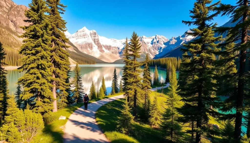 A picturesque lakeshore trail winds through the pristine wilderness of Moraine Lake, Alberta. The crystal-clear waters of the lake reflect the majestic Canadian Rockies in the background, their snow-capped peaks bathed in warm, golden sunlight. Towering evergreen trees line the trail, casting gentle shadows on the path as hikers make their way along the well-maintained path. The trail offers breathtaking views of the iconic turquoise-colored lake, with its vibrant hues complementing the lush, verdant landscape. A sense of tranquility and adventure permeates the scene, inviting visitors to immerse themselves in the natural beauty of this stunning location.