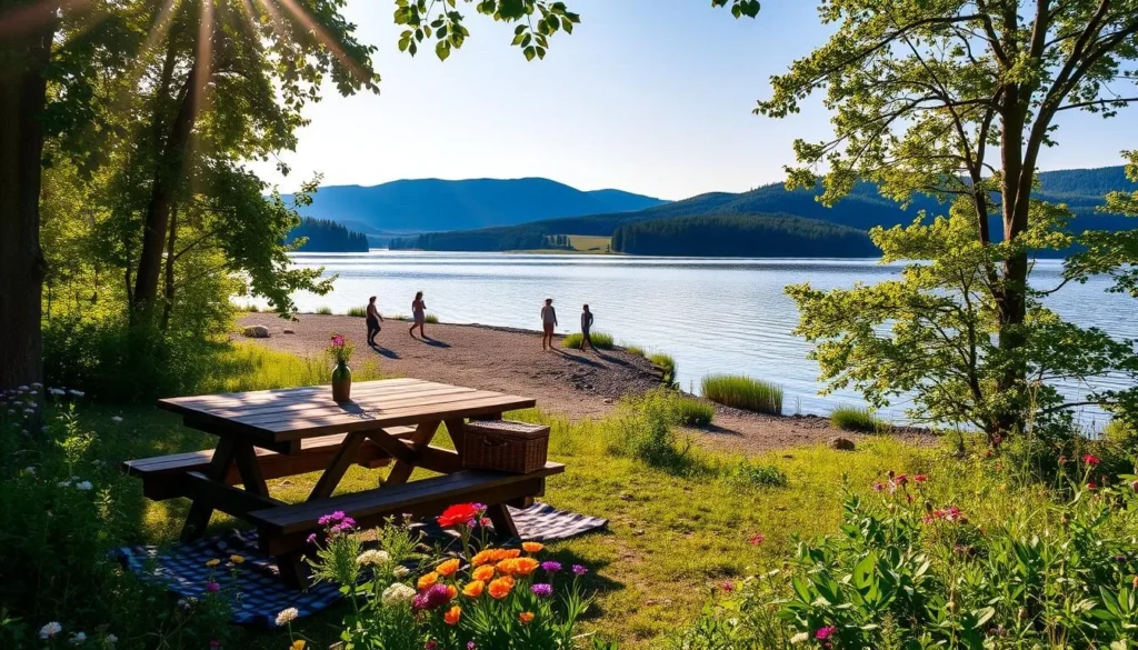 A picturesque lakeside picnic spot nestled amidst lush green foliage. Sunlight filters through the trees, casting a warm, golden glow over the serene waters of Lake Hjalmaren. In the foreground, a rustic wooden picnic table is surrounded by a colorful array of wildflowers. A wicker picnic basket and checkered blanket sit invitingly, inviting visitors to relax and enjoy the tranquil setting. The middle ground features a gently sloping shoreline, with people leisurely strolling or dipping their toes in the calm, mirror-like surface of the lake. In the distance, rolling hills and dense forests line the horizon, creating a picturesque landscape. The overall atmosphere is one of relaxation, natural beauty, and the simple pleasures of an outdoor lakeside picnic.