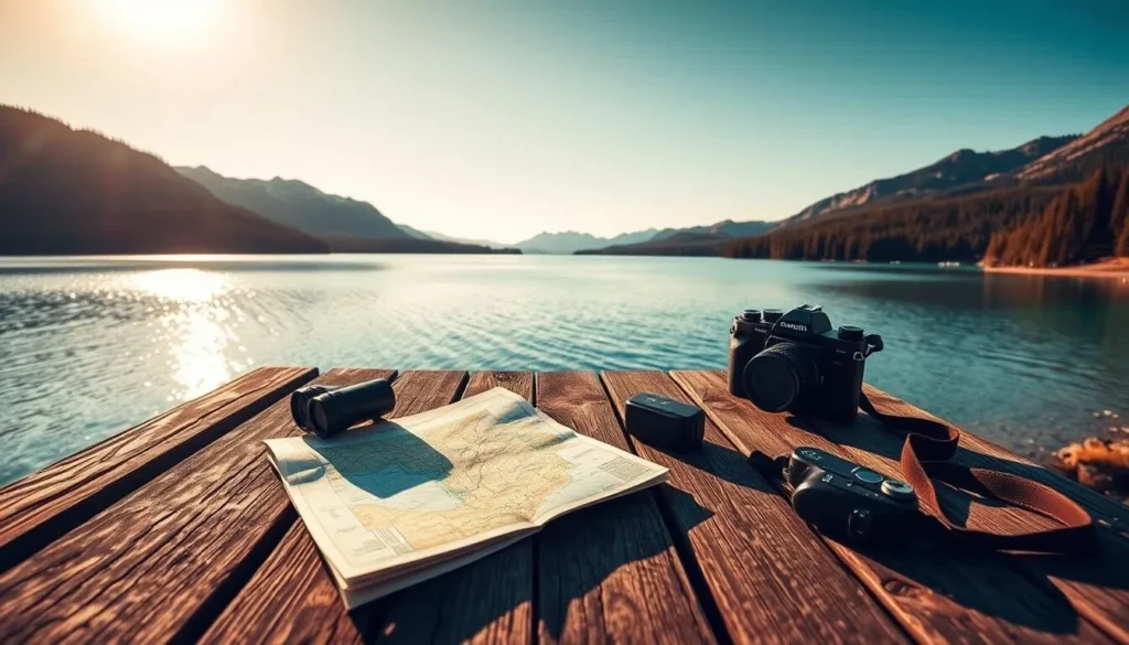 A picturesque lakeside setting, Abraham Lake under a bright, golden sky. In the foreground, a well-crafted itinerary and travel essentials - a map, binoculars, and a camera - neatly arranged on a weathered wooden dock. The serene, turquoise waters of the lake stretch out in the middle ground, reflecting the surrounding mountains and pine forests. Warm, directional lighting casts long shadows, creating a sense of depth and tranquility. The overall mood is one of careful planning and anticipation, inviting the viewer to embark on an adventure at this stunning natural wonder.