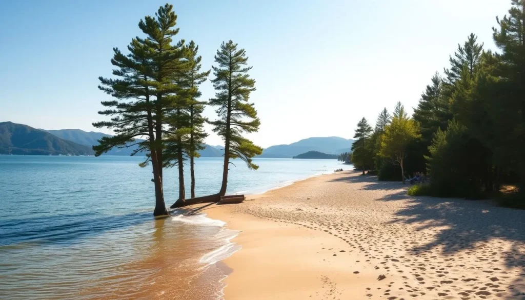 A picturesque lakeside setting, the sandy beaches of Lake Nisser in Norway bask under the warm glow of a sunny day. Gently lapping waves caress the shoreline, as sunlight dances on the tranquil surface of the water. Towering pine trees line the shore, their verdant foliage providing a natural backdrop. A few beachgoers lounge on the soft, golden sand, soaking up the serene atmosphere. In the distance, the rolling hills of the surrounding landscape rise up, creating a breathtaking panoramic view. Capture the essence of relaxation and natural beauty at this idyllic Norwegian lake destination.
