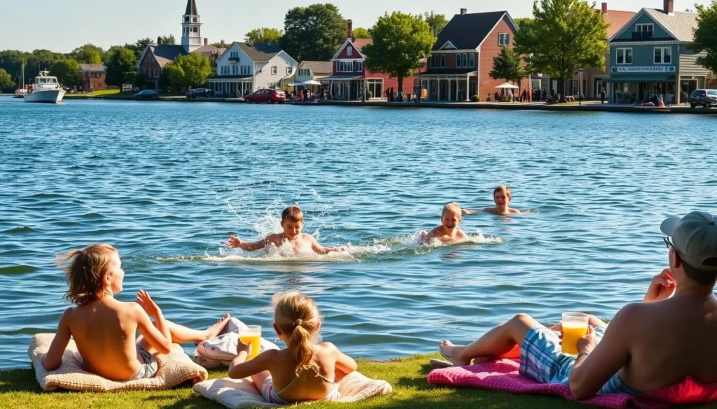 A picturesque lakeside town, Skaneateles offers a serene setting for family-friendly activities. In the foreground, children splash in the crystal-clear waters of the lake, laughter echoing across the serene surface. Nearby, parents relax on plush blankets, sipping lemonade and savoring the warm summer breeze. In the middle ground, families stroll along the quaint Main Street, popping into boutiques and ice cream shops. The backdrop showcases the charming historic architecture, with the iconic spire of the town hall rising above the tree-lined streets. Warm, golden sunlight bathes the scene, creating a cozy, inviting atmosphere perfect for quality time with loved ones.