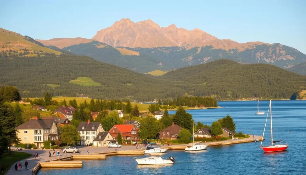 A picturesque lakeside town nestled against rolling hills, with quaint houses and a charming main street. In the foreground, people leisurely stroll, while boats gently bob in the tranquil waters. The middle ground features lush forests and meadows, dotted with colorful wildflowers. In the distance, a towering mountain range stands tall, its peaks bathed in warm, golden sunlight. The overall scene exudes a sense of tranquility and natural beauty, inviting viewers to imagine themselves on a serene day trip from the nearby Lake Hjalmaren.