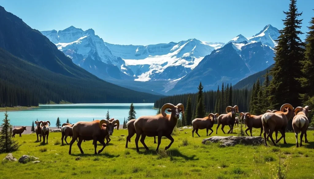 A picturesque landscape along the Icefields Parkway in Alberta, Canada. In the foreground, a herd of majestic bighorn sheep grazes on the lush alpine meadows, their curled horns catching the warm sunlight. In the middle ground, a pristine glacial lake reflects the snow-capped peaks of the Rocky Mountains, their jagged silhouettes reaching towards the bright blue sky. In the background, a thick forest of evergreen trees provides a serene and natural backdrop, with the occasional glimpse of a wildlife trail winding through the undergrowth. The scene is bathed in soft, diffused lighting, creating a peaceful and awe-inspiring atmosphere perfect for wildlife viewing.