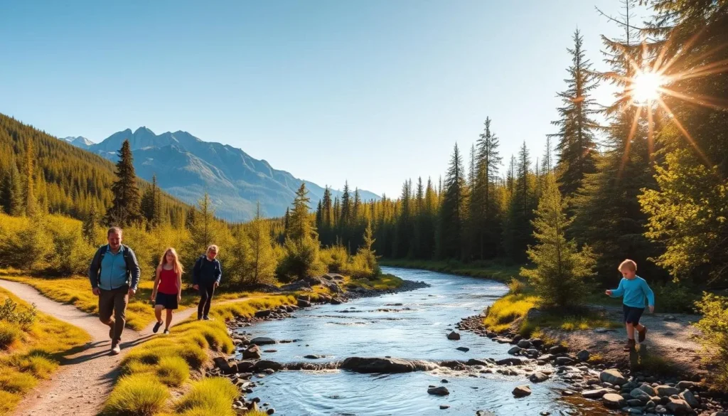 A picturesque landscape in Kjolen National Park, Norway, on a sunny day. In the foreground, a family enjoying a leisurely hike on a well-maintained trail, taking in the stunning views. Lush, verdant forests surround them, with towering mountains in the distance. A crystal-clear stream winds its way through the scene, inviting visitors to stop and explore. In the middle ground, children playing by the water's edge, skipping stones and building small dams. The warm, golden light filters through the trees, creating a serene and inviting atmosphere. The background showcases the park's natural beauty, with majestic peaks and a serene, azure sky.