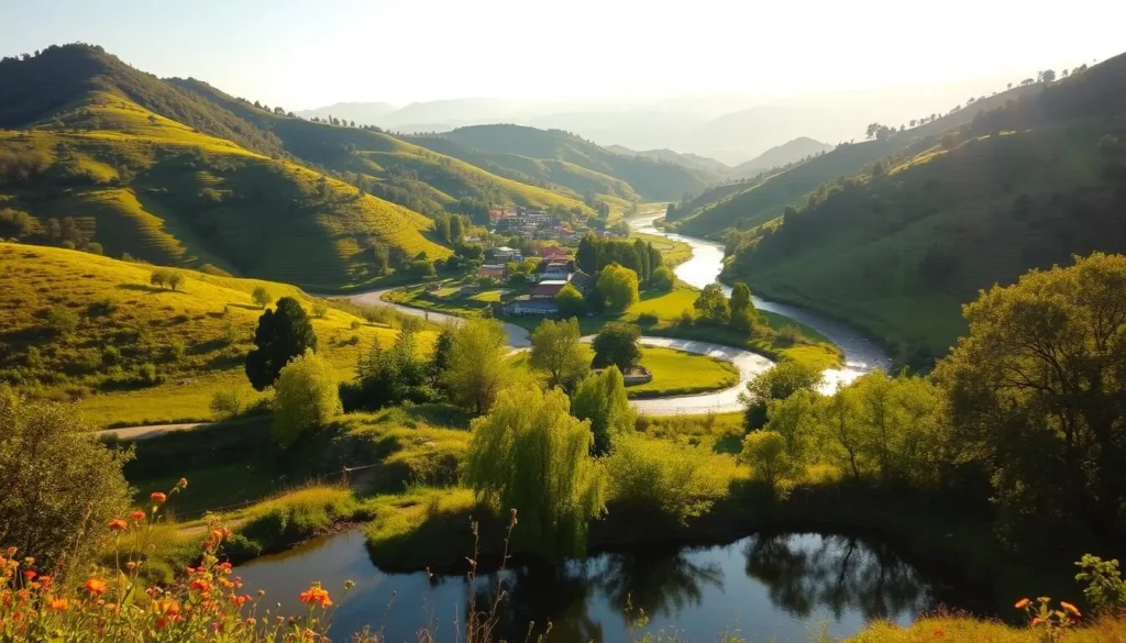A picturesque landscape in Loni, Uttar Pradesh, bathed in warm, golden sunlight. Rolling hills dotted with lush, verdant foliage and winding rivers that reflect the clear, azure sky. In the foreground, a tranquil pond surrounded by vibrant wildflowers and towering trees, their branches casting gentle shadows. In the middle ground, a quaint village nestled amidst the verdant hills, its traditional architecture and thatched roofs blending seamlessly with the natural environment. The background showcases majestic, snow-capped mountains, their peaks piercing the horizon, creating a breathtaking vista. The overall scene exudes a sense of serenity, inviting the viewer to immerse themselves in the beauty of Loni's natural splendor.