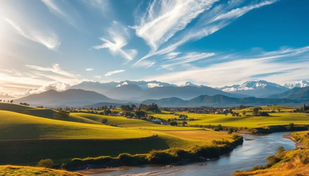 A picturesque landscape in San Gil, Colombia, showcasing the region's temperate climate. A serene countryside scene with rolling hills, lush green meadows, and a quaint village in the distance. Warm sunlight filters through wispy clouds, casting a golden glow over the tranquil setting. Towering mountains rise up in the background, their snow-capped peaks piercing the azure sky. In the foreground, a winding river meanders through the landscape, its crystal-clear waters reflecting the surrounding beauty. This idyllic scene captures the essence of San Gil's inviting climate and the perfect time to visit this scenic destination.