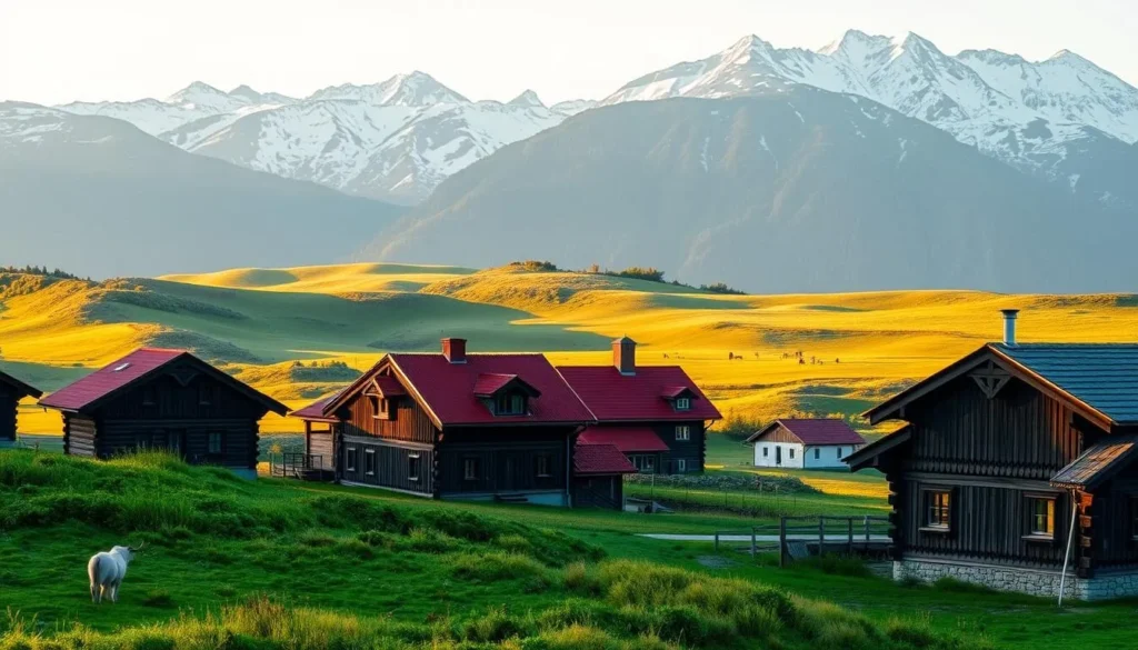 A picturesque landscape in Setesdal-Ryfylkeheiane National Park, Norway. In the foreground, traditional wooden buildings with red roofs and white walls stand proudly, their intricate carvings and designs showcasing the region's rich cultural heritage. In the middle ground, rolling hills covered in lush, verdant vegetation stretch out, dotted with grazing livestock. The background is dominated by majestic, snow-capped mountains, their peaks glimmering in the warm, golden sunlight. The scene is bathed in a soft, diffused natural light, creating a serene and tranquil atmosphere that invites the viewer to immerse themselves in the timeless charm of this cultural landscape.
