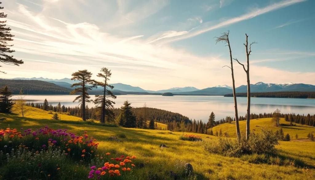 A picturesque landscape in the Glaskogen Nature Reserve, Sweden, captured on a warm, sunny day. In the foreground, a serene lake reflects the surrounding forests and rolling hills. Clusters of vibrant wildflowers dot the lush, verdant meadows along the shore. In the middle ground, towering pine and birch trees sway gently in a soft breeze, casting dappled shadows across the tranquil scene. The background features distant mountains, their peaks capped with snow, creating a breathtaking panoramic view. Warm, golden light filters through wispy clouds, bathing the entire scene in a soft, glowing ambiance. Conveying the peacefulness and natural beauty of this idyllic location, the perfect time to visit Glaskogen.