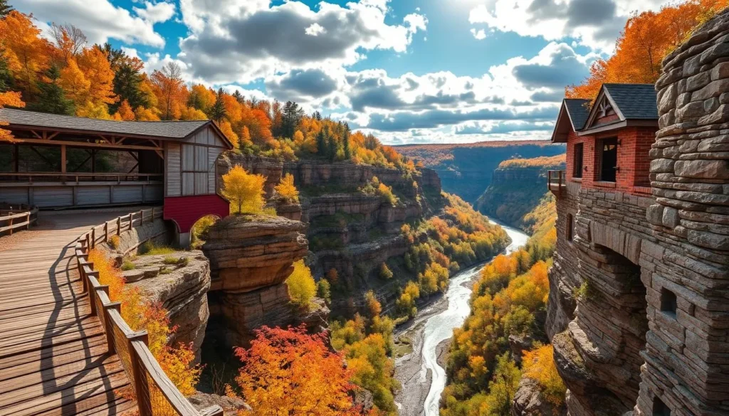 A picturesque landscape of Ausable Chasm in upstate New York, showcasing the best time to visit. Vibrant autumn foliage adorns the surrounding cliffs, casting warm hues across the gently flowing river below. Soft sunlight filters through scattered clouds, illuminating the rugged geological formations and creating a serene, inviting atmosphere. In the foreground, a wooden walkway leads visitors along the chasm's edge, offering breathtaking views of the natural wonder. The middle ground features the iconic red-painted covered bridge, a historic landmark framing the scene. In the distance, the meandering river winds its way through the lush, verdant landscape, creating a picturesque backdrop that captures the essence of the best time to experience Ausable Chasm.