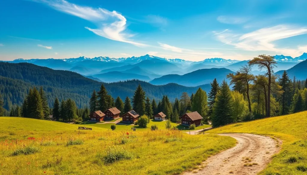 A picturesque landscape of Campos do Jordão, showcasing the lush, rolling hills and verdant forests that have earned this region the moniker "Brazilian Switzerland". In the foreground, a winding dirt path leads the viewer through a serene meadow dotted with vibrant wildflowers. In the middle ground, a cluster of charming Alpine-style chalets and inns nestled among towering pine trees, their peaked roofs and wooden facades exuding a cozy, rustic ambiance. The background is dominated by a breathtaking panorama of distant, snow-capped mountains, their jagged peaks piercing the clear, azure sky. Warm, golden sunlight filters through wispy clouds, casting a soft, romantic glow over the entire scene. The overall impression is one of tranquility, natural beauty, and a sense of being transported to a picturesque European alpine village. A picturesque landscape of Campos do Jordão, showcasing the lush, rolling hills and verdant forests that have earned this region the moniker "Brazilian Switzerland". In the foreground, a winding dirt path leads the viewer through a serene meadow dotted with vibrant wildflowers. In the middle ground, a cluster of charming Alpine-style chalets and inns nestled among towering pine trees, their peaked roofs and wooden facades exuding a cozy, rustic ambiance. The background is dominated by a breathtaking panorama of distant, snow-capped mountains, their jagged peaks piercing the clear, azure sky. Warm, golden sunlight filters through wispy clouds, casting a soft, romantic glow over the entire scene. The overall impression is one of tranquility, natural beauty, and a sense of being transported to a picturesque European alpine village.