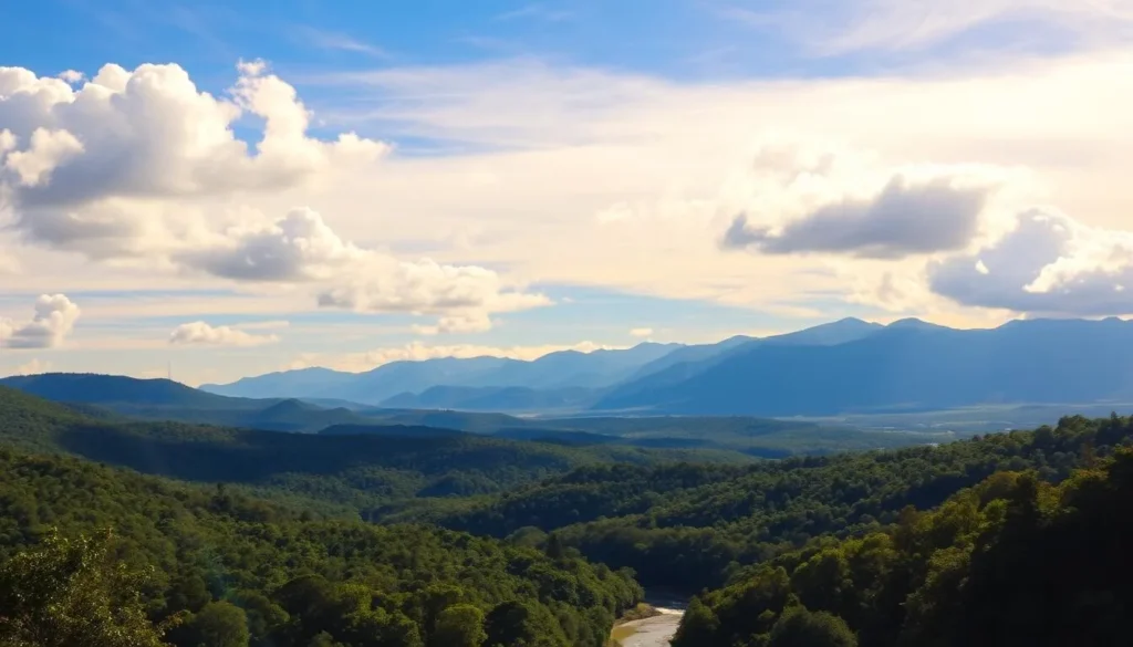 A picturesque landscape of Canela National Park, Brazil, on a sunny day. In the foreground, a lush, verdant forest with towering trees and a winding river flowing through. In the middle ground, rolling hills and mountains in the distance, their peaks capped with a dusting of snow. The sky is a brilliant blue, with fluffy white clouds drifting overhead, casting gentle shadows across the scene. The lighting is warm and golden, creating a serene and inviting atmosphere. Capture the natural beauty and wonder of this breathtaking Brazilian destination.