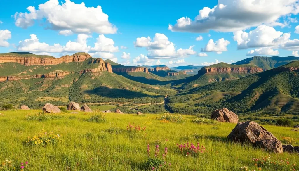 A picturesque landscape of Chapada Diamantina National Park during the peak season. In the foreground, a lush green meadow peppered with vibrant wildflowers and rocky outcroppings. In the middle ground, rugged sandstone cliffs and plateaus, their distinctive layered formations casting long shadows under the warm, golden sunlight. The background features rolling hills, their slopes covered in a tapestry of evergreen vegetation, creating a serene and inviting atmosphere. The clear, azure sky is dotted with fluffy white clouds, adding a sense of tranquility to the scene. Capture this idyllic seasonal beauty with a wide-angle lens to fully immerse the viewer in the grandeur of Chapada Diamantina.