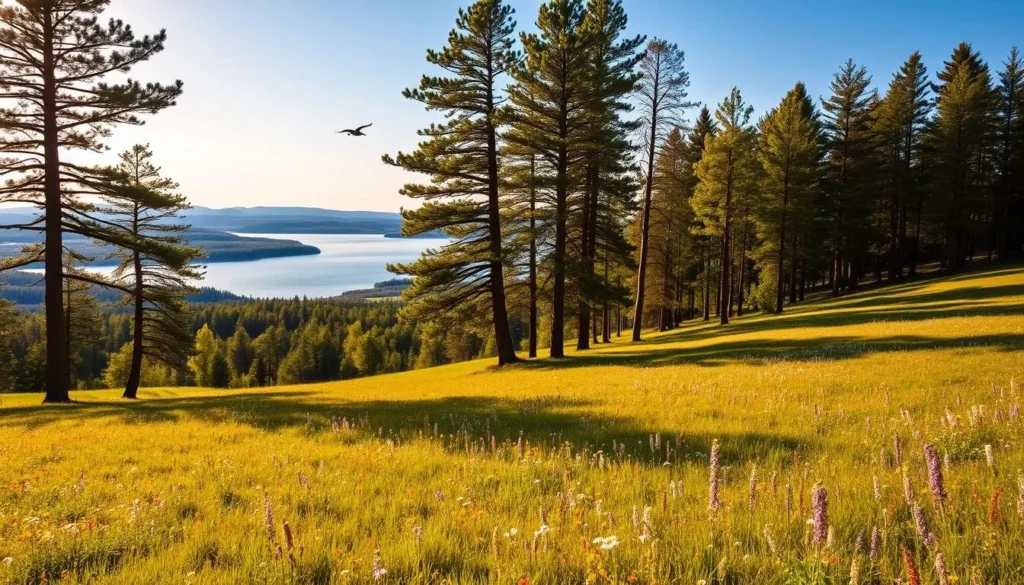 A picturesque landscape of Dalarna, Sweden, bathed in warm, golden sunlight. In the foreground, a lush meadow carpeted with vibrant wildflowers sways gently in a soft breeze. Towering pine and birch trees line the horizon, their verdant canopies casting dappled shadows across the rolling hills. In the distance, a tranquil lake reflects the azure sky, its glassy surface interrupted by the occasional splash of a diving bird. The scene evokes a sense of serene, bucolic beauty, capturing the essence of the "Heart of Sweden."