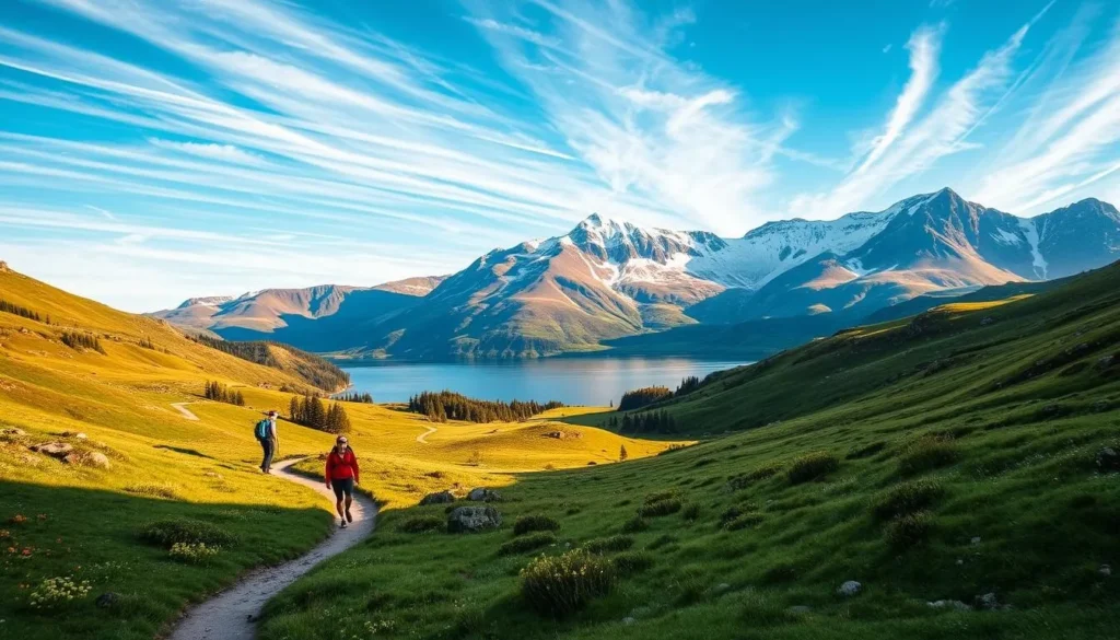 A picturesque landscape of Dovrefjell-Sunndalsfjella National Park in Norway. In the foreground, hikers traverse a winding trail, surrounded by lush meadows and clusters of wildflowers. In the middle ground, a tranquil lake reflects the majestic mountains towering in the background, their snow-capped peaks glistening under the warm, golden sunlight. Wispy clouds dot the vibrant blue sky, creating a serene and awe-inspiring atmosphere. The scene captures the natural beauty and outdoor activities that visitors can enjoy in this stunning Norwegian national park.