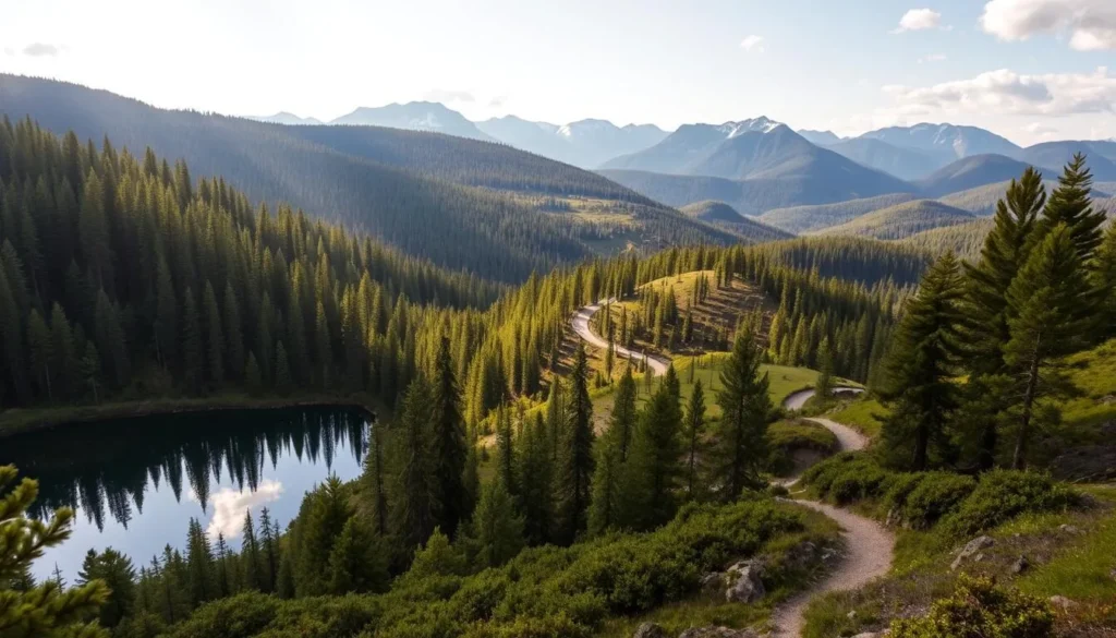 A picturesque landscape of Glaskogen Nature Reserve in Sweden. In the foreground, a serene lake reflects the surrounding lush pine forests and rolling hills. Dappled sunlight filters through the canopy, casting a warm, golden glow. In the middle ground, a winding trail leads hikers through the verdant wilderness, inviting exploration. The background features majestic mountain peaks capped with snow, creating a breathtaking panoramic view. The atmosphere is one of tranquility and natural wonder, perfectly capturing the essence of this pristine Scandinavian wilderness.