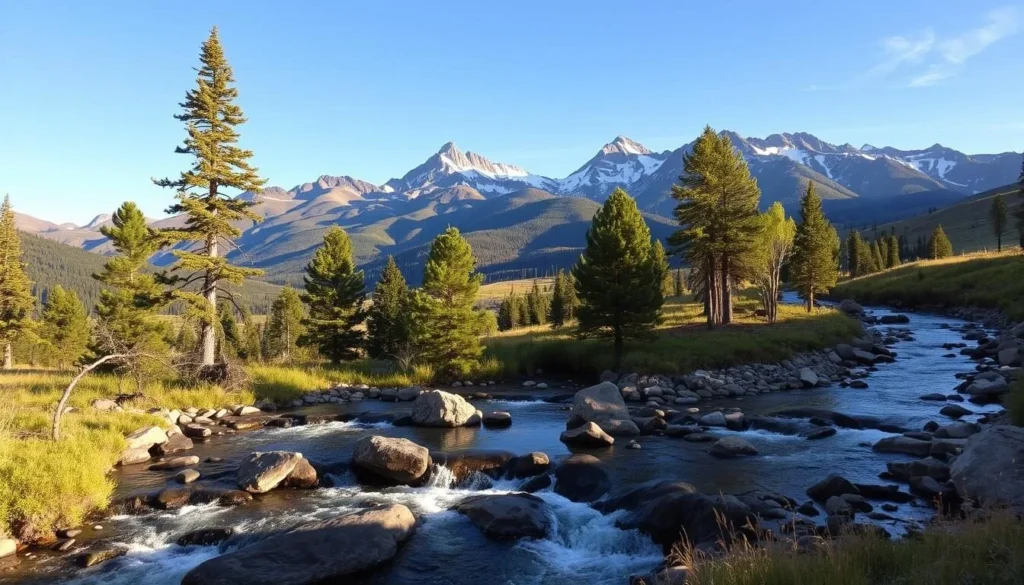 A picturesque landscape of Hesperus, Colorado, bathed in golden sunlight. In the foreground, a winding mountain stream cascades over smooth rocks, its clear waters reflecting the azure sky above. Tall pines and aspens line the riverbanks, their verdant foliage swaying gently in the cool breeze. In the middle ground, rugged, snow-capped peaks rise majestically, their jagged silhouettes creating dramatic shadows across the rolling hills. The background is dominated by a panoramic vista of the San Juan Mountains, their slopes blanketed in a patchwork of lush meadows and dense forests. A sense of tranquility and wonder pervades the scene, inviting the viewer to immerse themselves in the natural beauty of this hidden gem in Colorado.
