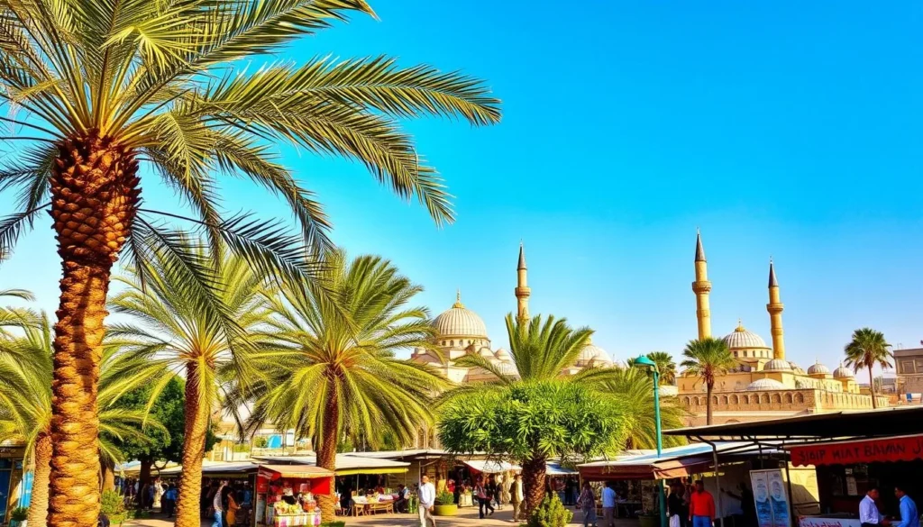 A picturesque landscape of Hillah, Iraq on a warm and sunny day. In the foreground, lush palm trees sway gently in the soft breeze, casting dappled shadows on the well-maintained streets below. The middle ground features a bustling marketplace, with colorful stalls and friendly locals engaged in lively conversation. In the background, the iconic domes and minarets of historic mosques rise majestically against a clear, azure sky. The overall scene exudes a sense of tranquility and cultural vibrancy, perfectly capturing the best time to visit this charming Iraqi city.