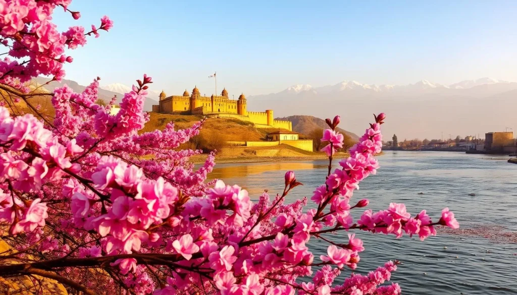 A picturesque landscape of Jammu during the peak of the season, showcasing the region's stunning natural beauty. In the foreground, vibrant cherry blossoms in full bloom line the banks of a serene river, their petals gently falling and dancing on the surface. The middle ground features the iconic Bahu Fort, its ancient architecture bathed in warm, golden sunlight. In the background, the majestic Himalayan mountains rise, their snow-capped peaks casting a serene, ethereal glow over the entire scene. The overall atmosphere is one of tranquility and natural splendor, inviting the viewer to immerse themselves in the seasonal attractions of Jammu.